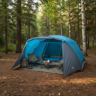 Tente de camping 4 personnes bleue, véranda