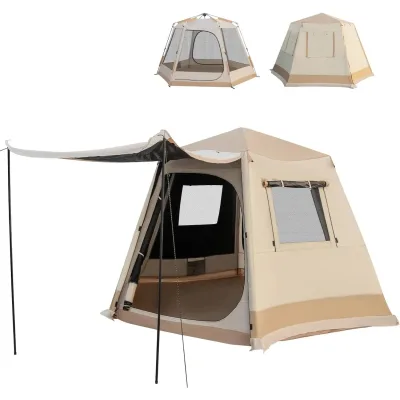 Tente tunnel familiale beige avec auvent