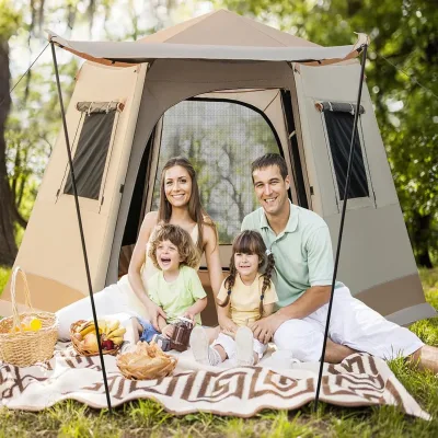 Tente tunnel familiale beige avec auvent – image 3