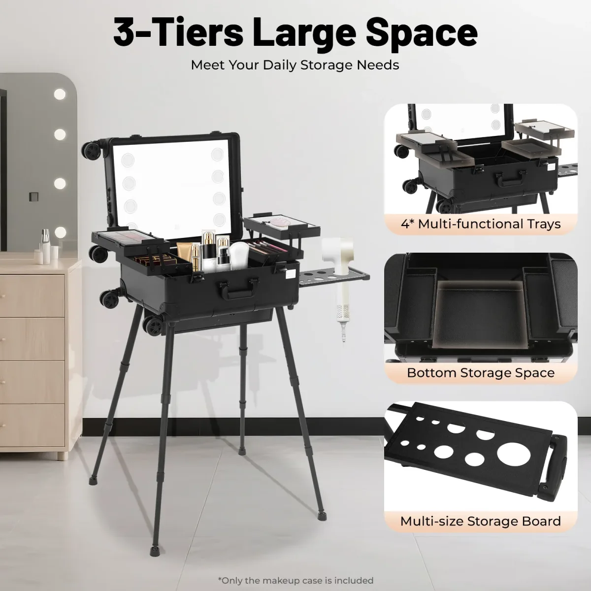 Valise maquillage roulante miroir LED